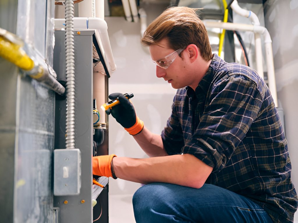 man wearing safety goggles, inspecting a furnace