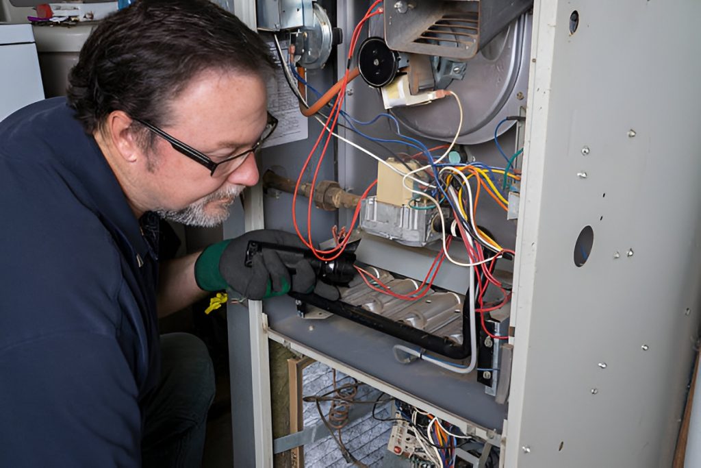 man inspecting a furnace