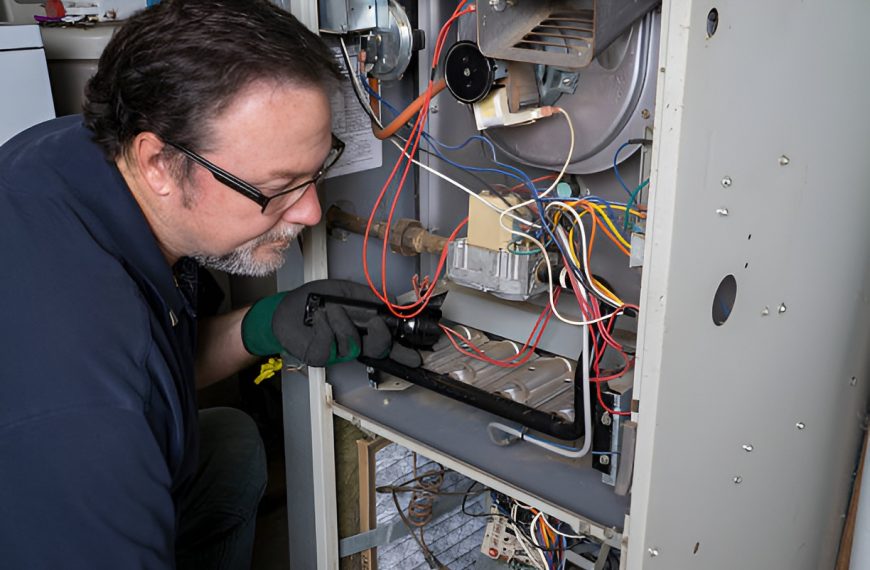 man inspecting a furnace